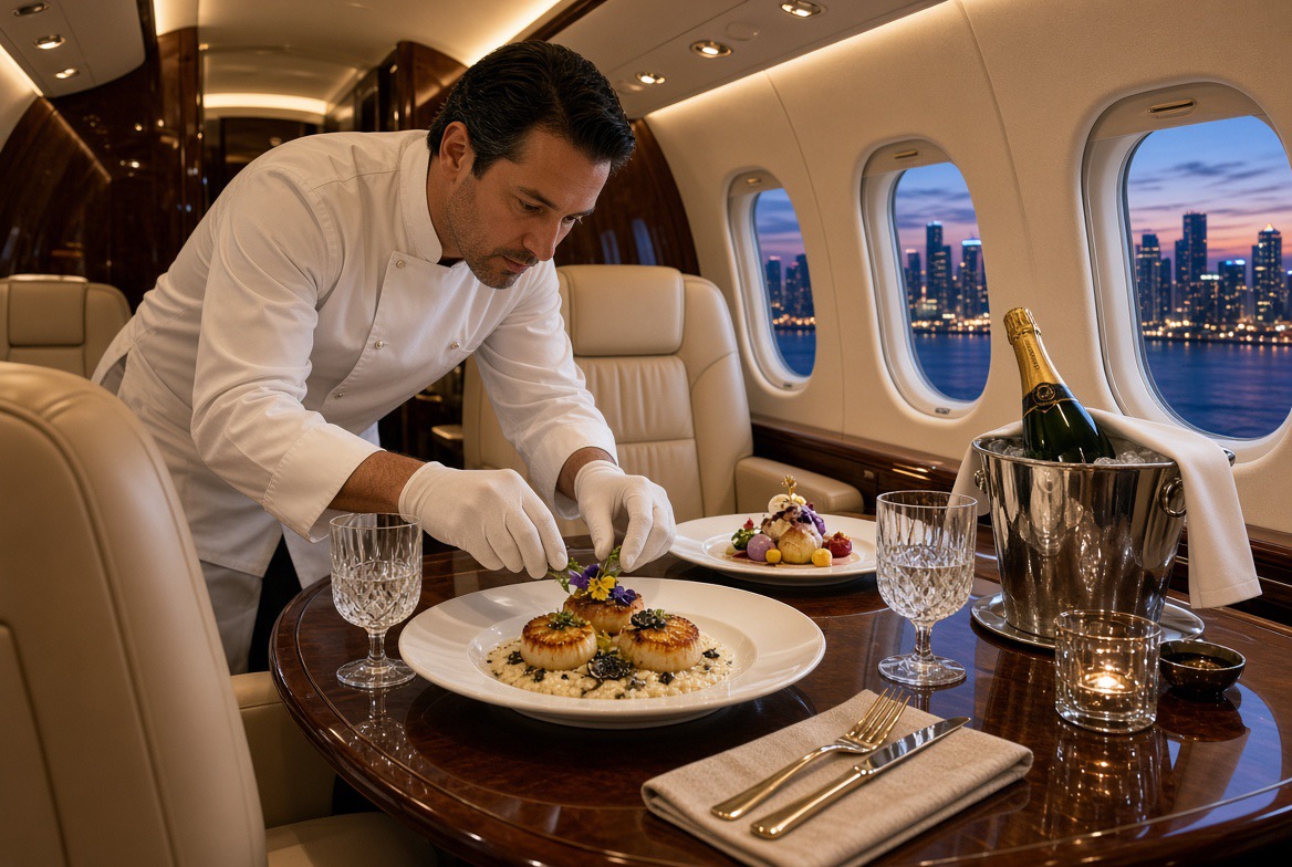 Seafood plating arranged on a private jet cabin table
