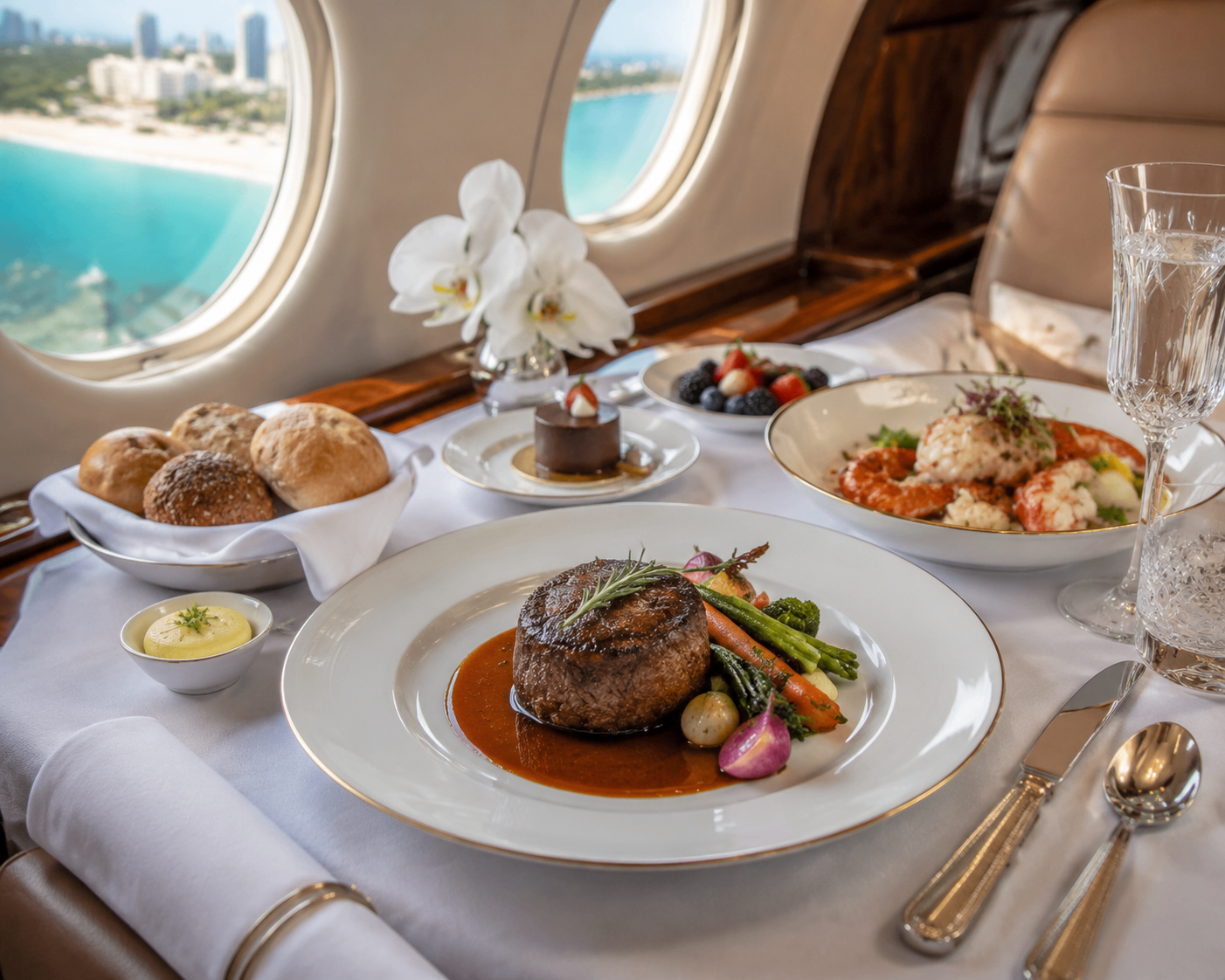 Chef-prepared steak meal served inside a private jet cabin