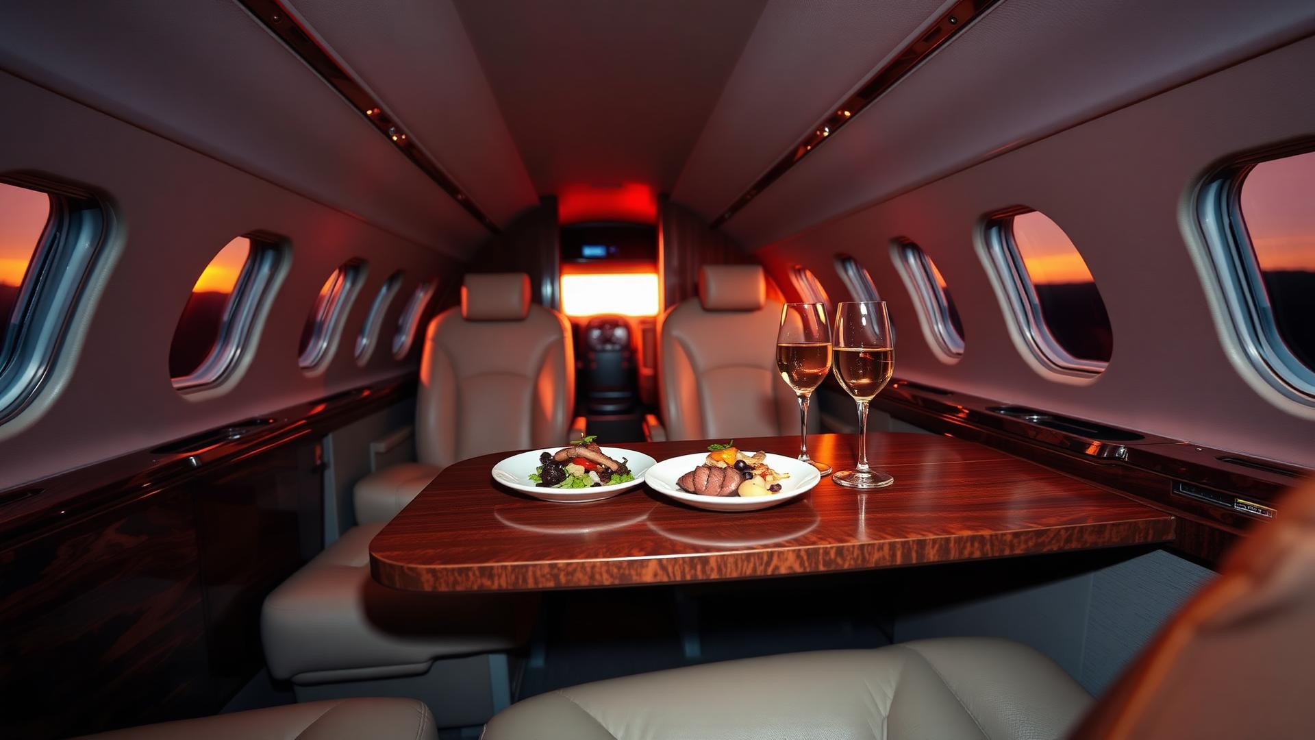 Private jet cabin at sunset with two chef-plated dishes and champagne glasses on a walnut burl table