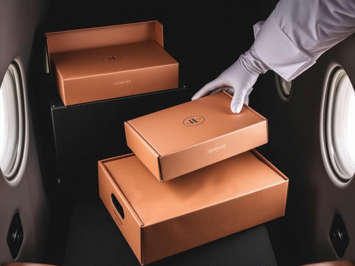 Sealed luxury catering boxes with gold detailing being placed inside a private jet galley by a gloved hand